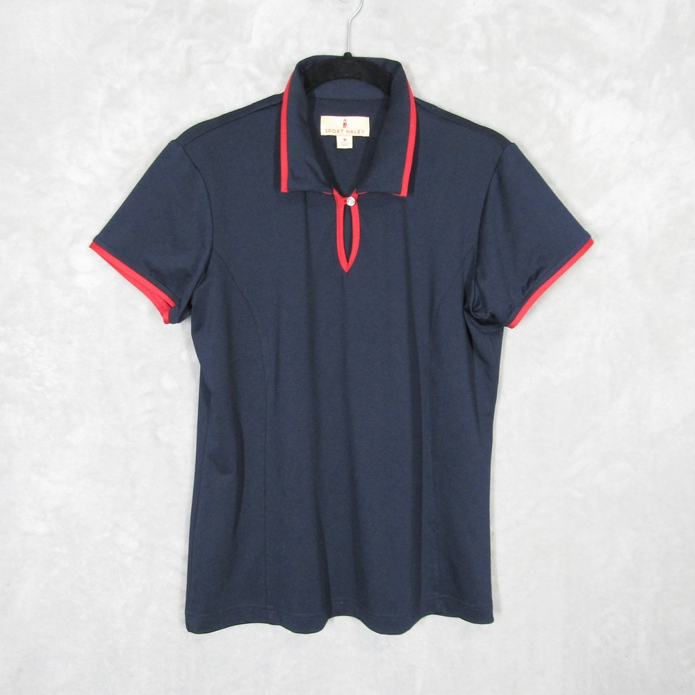 Sport Haley Polo Shirt Size Medium Womens Navy Blue Red Trim Short Sleeve Golf